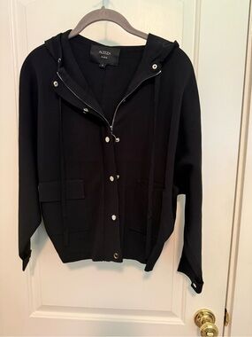 Aleeza Paris Women's Black Hooded Bomber Jacket with Snap & Zip - NWOT - Small